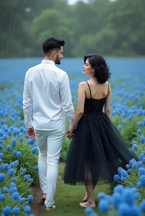 A white man, dark brown eyes, short black modern haircut, black beard, 5 feet 7 inches tall, wearing a white shirt and white pants, holding hands with a white woman, 5 feet 1 inch tall, SHORT BLACK CURLY HAIR, in a black tulle dress, plus size ,barefoot, i...