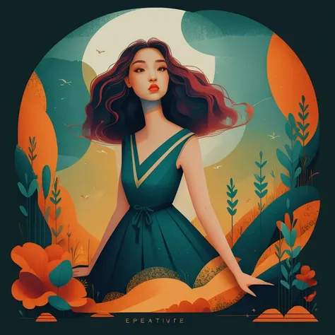 exquisite details, surreal atmosphere, ethereal beauty, vibrant colors, soft lighting, fantasy theme, mystical presence, delicate foliage, beautiful woman with flowing hair, intricate patterns, dreamlike quality, captivating look, flat illustration