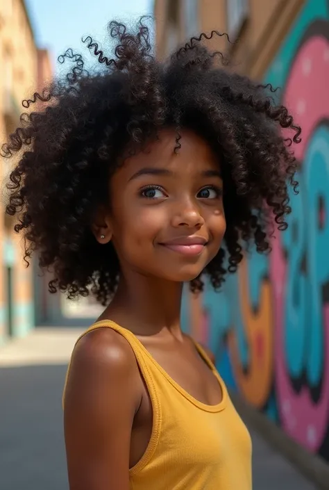 Black girl with curly black hair, brown eyes, , with a small forehead and a slightly long chin, small features, teenager without earrings, long face and long chin
