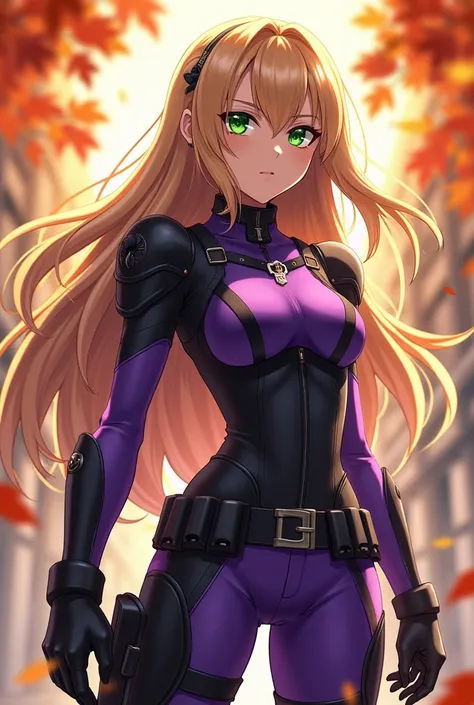 1 girl, teenager, long blonde hair, green eyes, female military clothing in purple and black, traces of the anime Akame ga Kill, background with flying leaves