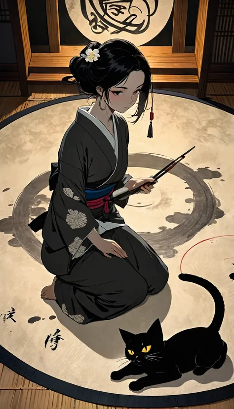 (((beautiful detail)))(cute face: 1.2) 1 sexy girl, a strange black silhouette appears in the magic circle, a sexy girl uses a giant paintbrush to draw a magic circle with ink, writing calligraphy on a large piece of japanese paper arranged on the floor, a...