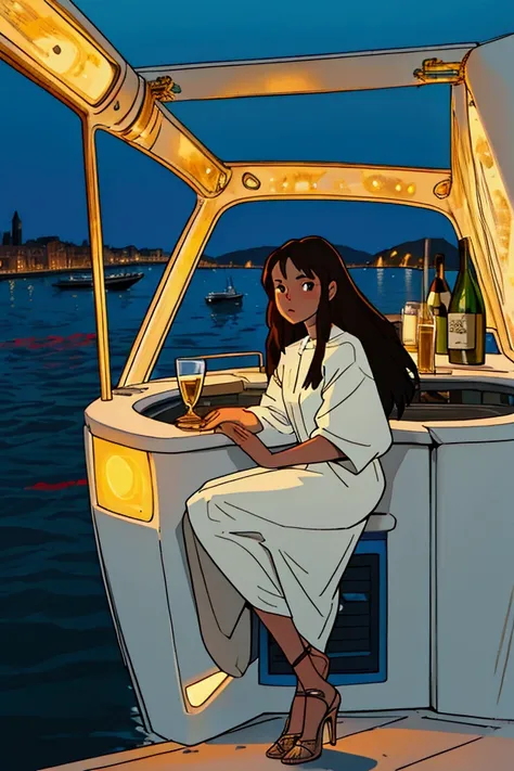 mulatto girl, 30, long hair, brown eyes, blue light, wearing acne studios, full body, night, drinking champagne on an Italian yacht with a view of the shoreline