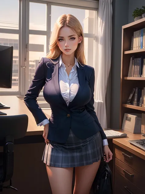 Woman in business suit standing in front of a computer, Realistic schoolgirl, wearing a strict business suit, hyperRealistic schoolgirl, huge breasts bulging out of shirt, micro mini skirt, seductive woman, A hyperrealist , beautiful and seductive woman, i...