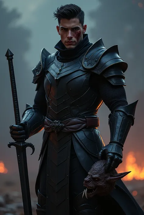 Tall, handsome man in nights armour, he holds an obsidion blade and has short, black hair he has high cheekbones and a sharp jawline, he has no facial hair and he has honeycomb eyes. He has a cut across his eye and he has blood smeared on his face. He is y...