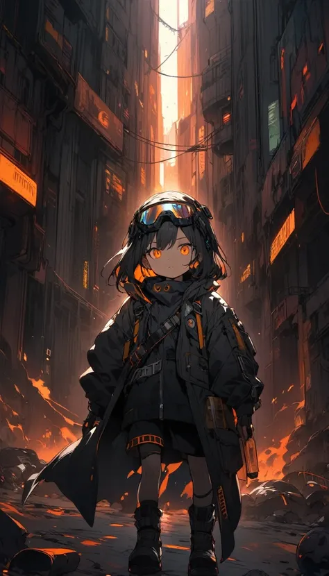 A child entering the underworld in a cyberpunk post-apocalyptic style