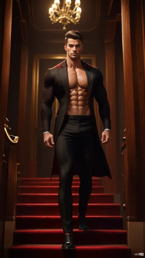 a muscular shirtless man with abs and pectorals, wearing black pants and an open red velvet coat, standing on stairs, looking at the viewers, detailed facial features, brown short hair, (best quality,4k,8k,highres,masterpiece:1.2),ultra-detailed,(realistic...