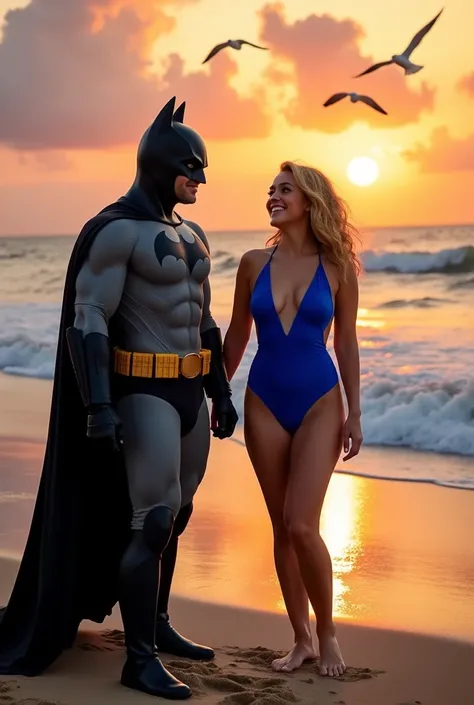 Give me a picture of Batman next to the artist Adele on the beach, both wearing royal blue swimsuits. 