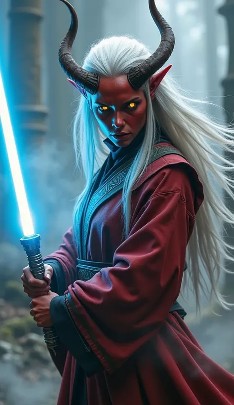 ((ultra-realistic:1.5)) portrait of a fierce Tiefling Jedi warrior, with crimson skin, sharp features, and glowing yellow eyes, wielding a blue lightsaber. Her long, white hair flows behind her, accentuating her twisted horns that curve gracefully from her...