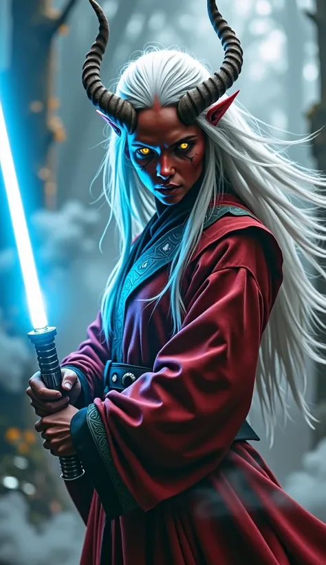 ((ultra-realistic:1.5)) portrait of a fierce Tiefling Jedi warrior, with crimson skin, sharp features, and glowing yellow eyes, wielding a blue lightsaber. Her long, white hair flows behind her, accentuating her twisted horns that curve gracefully from her...