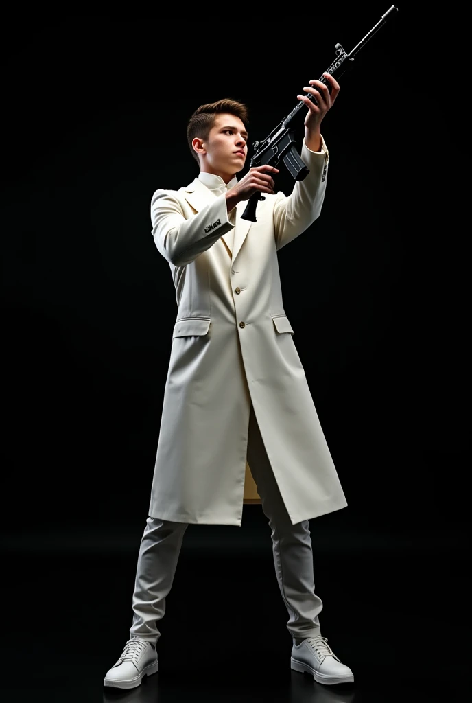 create an 20 years old boy in white pant coat and white shoes wth black background and catching a M416 gun