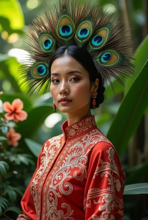 A beautiful woman wearing a Javanese dress with a crown of peacock feathers.  And for the color of the clothes, the batik motif is red and white