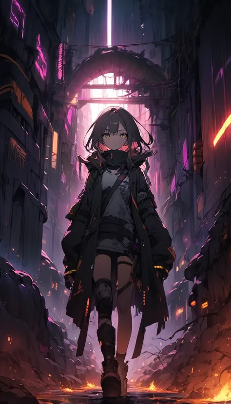 girl entering the underworld in a cyberpunk post-apocalyptic style