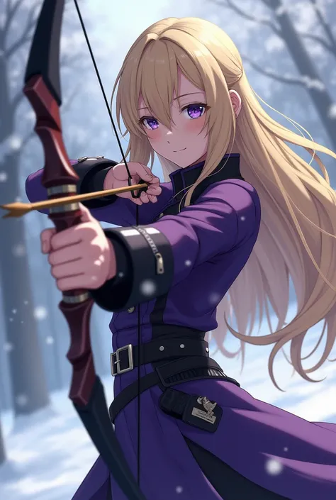 1 girl, teenager, long blonde hair, purple eyes, female military clothing in purple and black, full body, standing holding a bow and arrow, trace of the anime Akame ga Kill, background with falling snow