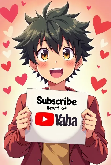 A 18 years boy face is like an anime and he is smiling and he have paper in his hand and in the paper writing is Subscribe Heart of Manga youtube channel with YouTube logo