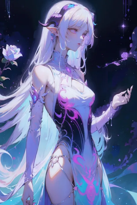 Разработано nty, woman, solo, 8 K, Hyper HD, An albino demon girl stands, shot from afar, ( long white hair:1.3) , A purple rose bush, (Bioluminescent dress with rainbow gradient), Blue turtleneck sweater with a tulle skirt, wink ,(long and complex horns:1...