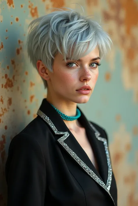 a young woman with vibrant silver hair, with a slightly messy style, pixie cut, Her eyes are a striking blue., and has light freckles scattered across her face. Elf&#39;s ears, Lighting should be warm, giving your skin a slightly shiny appearance. The back...