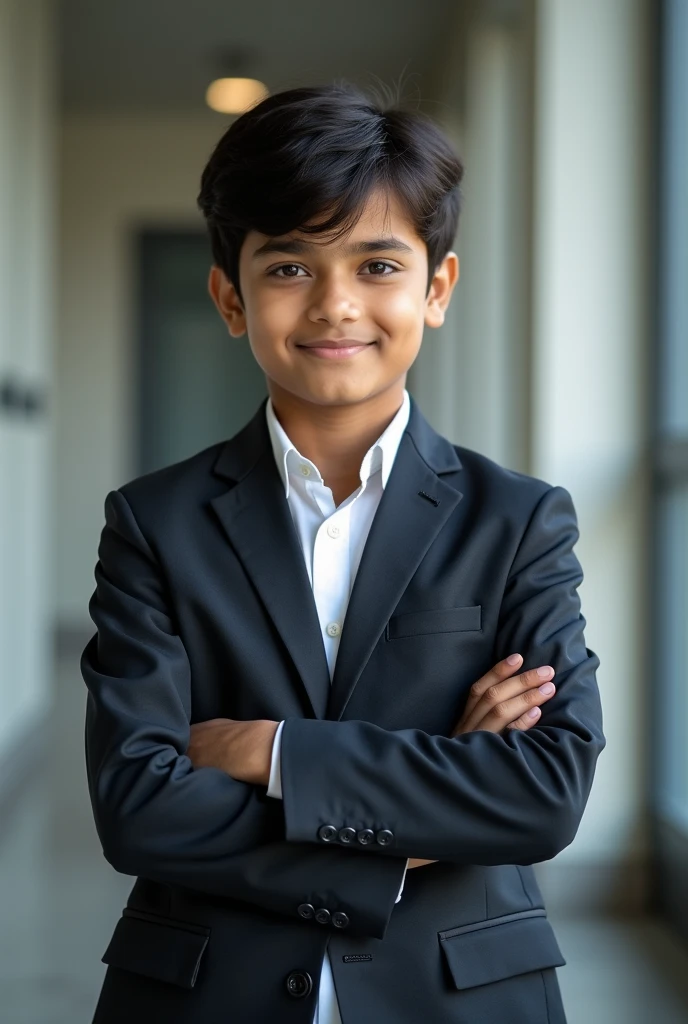 An indian nineteen year boy. Having silky hairs which somes on forehead  . Oval shaped face and and broad body and create this image in which only half body will apear . And also wearer a coat of office . Colour of is indian fair skin colour mixture of lit...