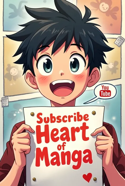 A 18 years boy face is like an anime and he is smiling and he have paper in his hand and in the paper writing is Subscribe Heart of Manga with YouTube logo