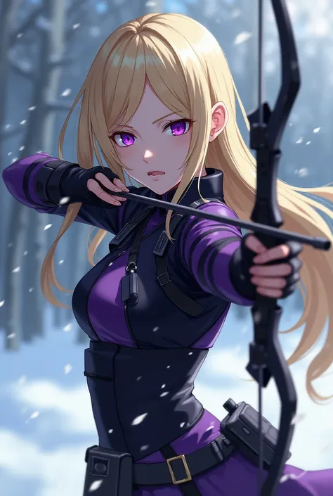 1 girl, teenager, long blonde hair, purple eyes, female military clothing in purple and black, full body, standing holding a bow and arrow aiming at someone on the horizon, trace of the anime Akame ga Kill, background with falling snow