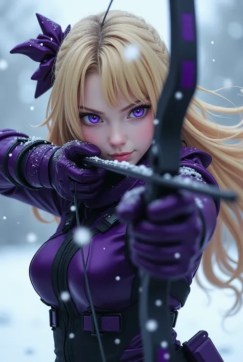 1 girl, teenager, long blonde hair, purple eyes, female military clothing in purple and black, full body, standing holding a bow and arrow aiming at someone on the horizon, trace of the anime Akame ga Kill, background with falling snow