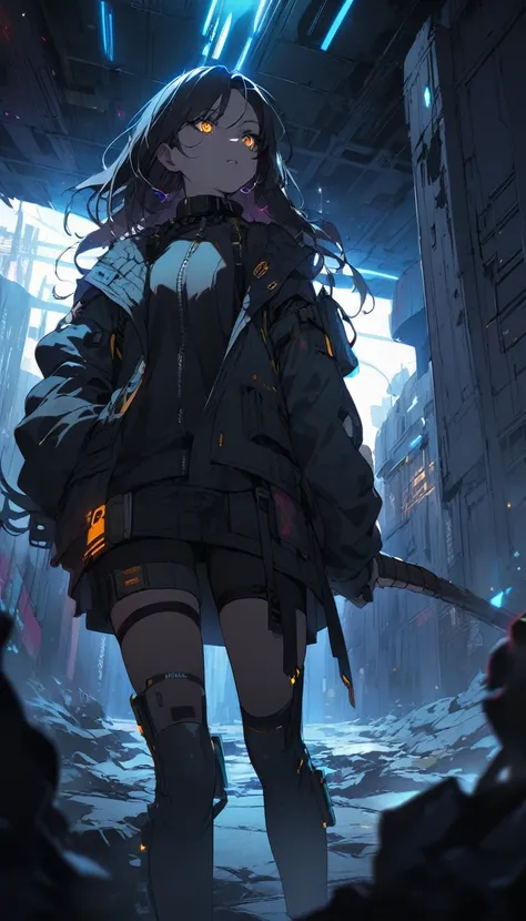 Woman entering the underworld in a cyberpunk post-apocalyptic style