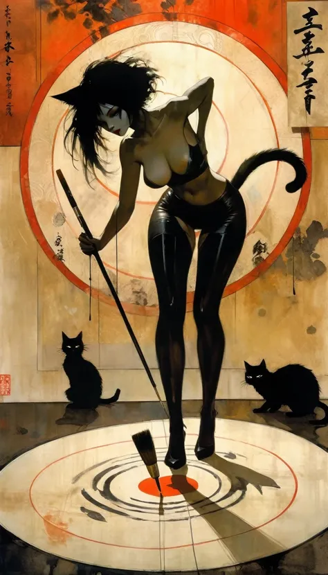 1 sexy girl, a strange black silhouette appears in the magic circle, a sexy girl uses a giant paintbrush to draw a magic circle with ink, writing calligraphy on a large piece of Japanese paper arranged on the ground, a cat walking and leaving marks of blac...