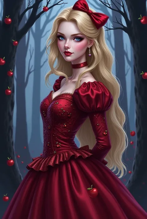 Filha da Raven Queen com a Apple White, wavy blonde hair with dark highlights, blue colored eyes, dark purple makeup, redgown, bow on the head and apple elements on the clothes Image in the form of a drawing 