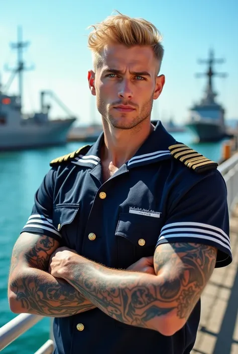 Blonde man with blue eyes and some tattoos, dress with navy uniform