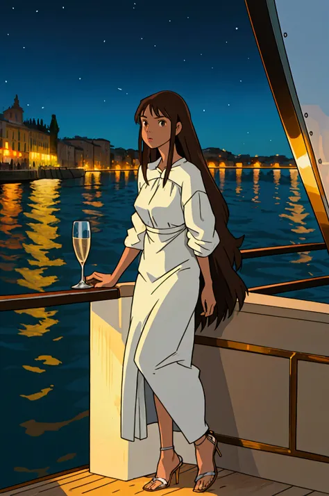 mulatto girl, 30, long hair, brown eyes, blue light, wearing acne studios, full body, night, drinking champagne on an Italian yacht with a view of the shoreline