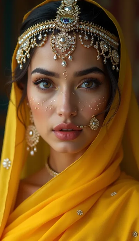 golden rainbow tattoos on face and little brown diamond jewelry tanned skin arab hairs style Arabian figure eternal lady face lips bite tease hyperealism photorealistic 7k best background wallpaper makeup model style hairs Arabian makeup siren eyes wearing...