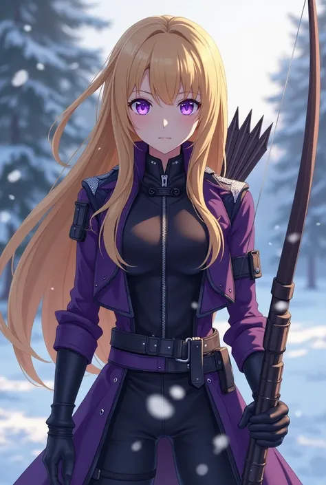 1 girl, teenager, long blonde hair, purple eyes, female military clothing in purple and black, full body, standing holding a bow and arrow, illustration reference to the anime Akame ga Kill, background with falling snow