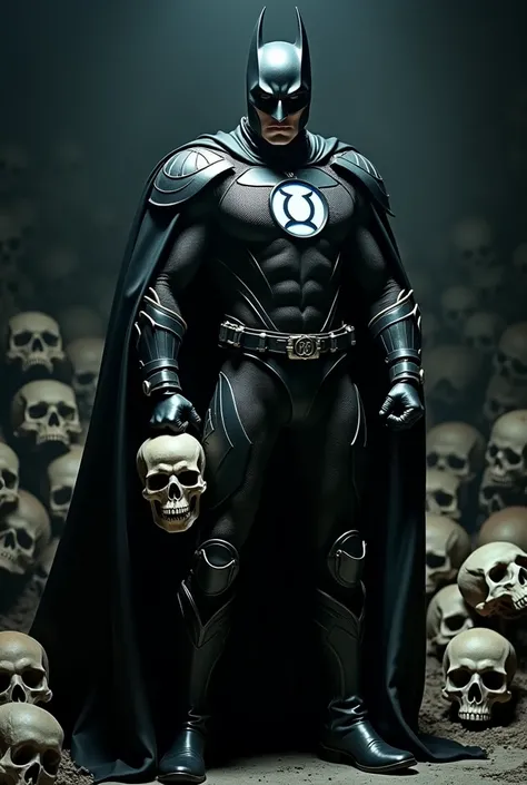 1man, white man, black superhero mask, glowing black lantern insignia, metal parts, black cape, black boots, holding a skull, skulls background