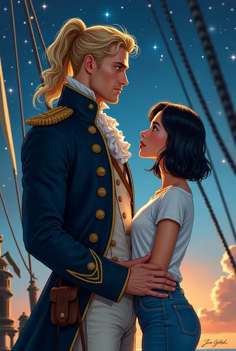 Draw in the hyperrealism genre. Jack Aubrey, Tall strong captain, broad shoulders, powerful muscles, in the uniform of a nineteenth century naval captain, blond, her hair is tied in a ponytail, The hair curls at the ends, age 38 years, face clean shaven, g...