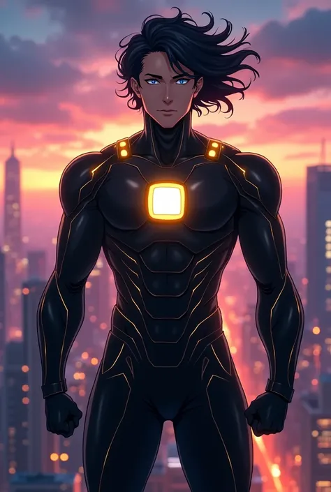 Make me a superhero whose suit is made of advanced super technology and looks like Iron Man, but in an anime style. The animation should be sleek, and the suit should be matte black with a gleaming gold emblem in the shape of a square., but it looks even m...