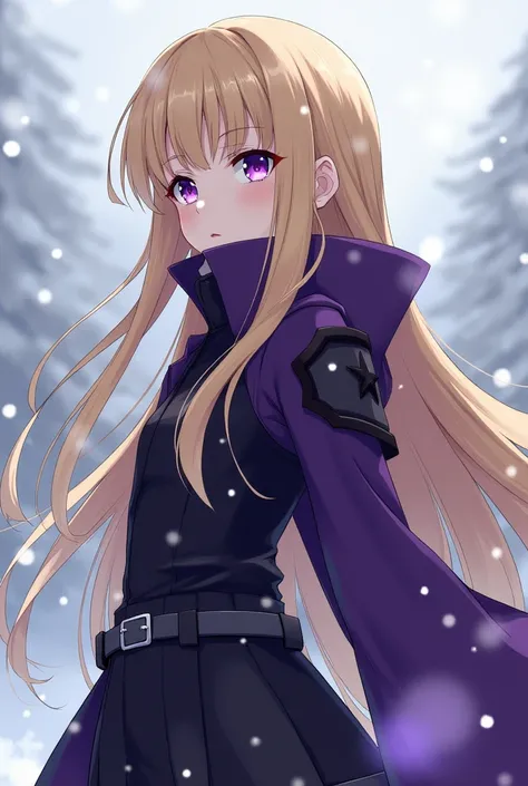 1 girl, teenager, long blonde hair, purple eyes, female military clothing in purple and black, full body, looking at the horizon, illustration reference to the anime Akame ga Kill, background with falling snow