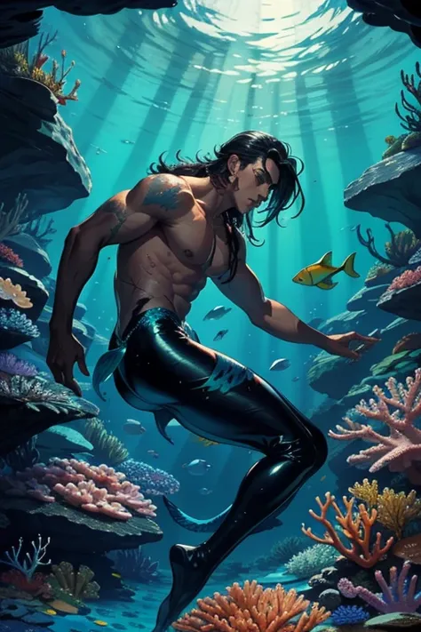 Man with a silver merman tail, muscular, dark skin, long black hair, honey-colored eyes, scars on his body and fins on his ears. Underwater, surrounded by colorful fish, corals, rocks and algae.