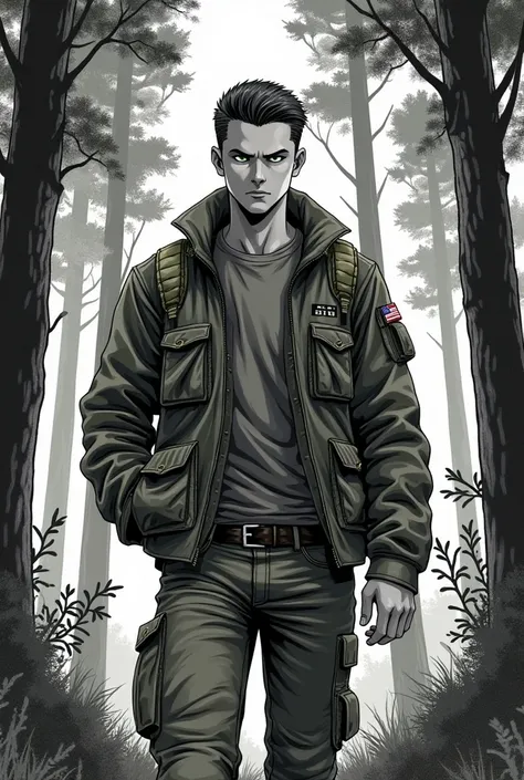 Draw a 19-year-old man in manga style in black and white wearing 90s military clothing., light green eyes, In the background of the image, place a forest., slicked back and short hair