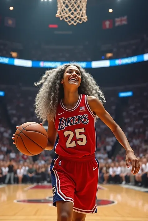 A beautiful youthful looking American version of Ariana Grande as a 50 years old woman with very long hair completely gray hair in a long big curls styles as a retired
NBA player wearing her old NBA jersey shooting the ball in the basket in a nba stadium s...