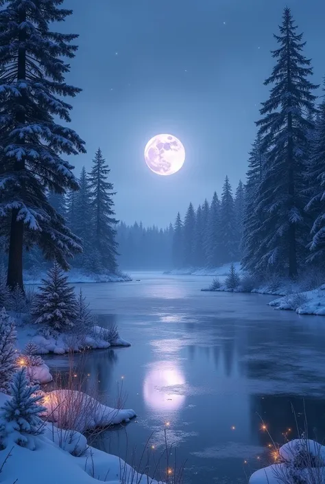 A scene with a pine forest surrounding a large frozen lake with the full moon in the middle of the sky and some fireflies among the trees with the moonlight illuminating the place in ultraviolet.