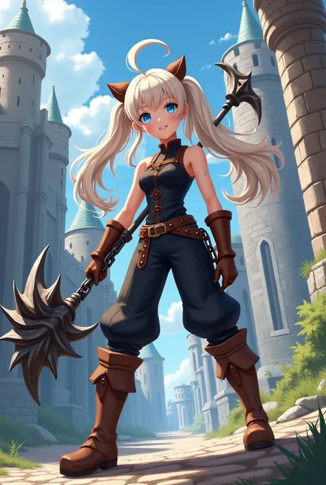 Artwork, best qualityer, 2d anime style, White girl, Twin Tails Hair, long hair, blonde, blush cheeks, blue colored eyes, black short jumpsuit, brown details, sleeveless, elbow gloves, waist belt, excited expression, medieval theme, RPG, fundo do castelo, ...