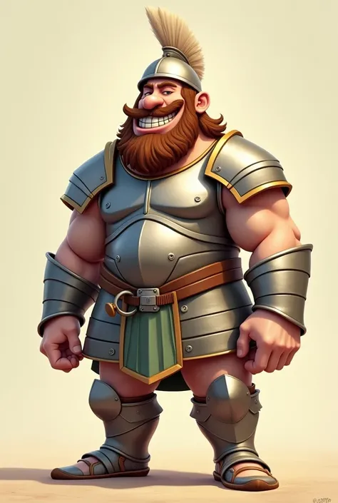 Giant Goliath from the Bible with big mouth wearing armor, helmet, with a cartoonish look to make it look like its standing upright with a neutral background
