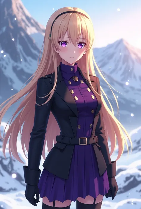 1 girl, teenager, long blonde hair, purple eyes, female military clothing in purple and black, full body, looking at the horizon in a stylish way, illustration reference to the anime Akame ga Kill, background with falling snow