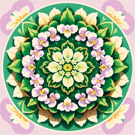 mandala illustration BACKGROUND white, circular with border, green, lilac field flower, yellow flower, center orchids, 8k, brightness, nature, full picture uncut