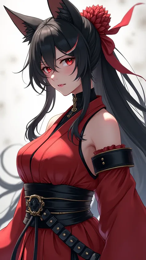 FF14
Miqote
Female
Samurai
Anime style
One person
Cool image
Black、white、Red as the base color Anatomically correct textured skin Long wolf cut Slight exposure A westernized version of a kimono Off-the-shoulder