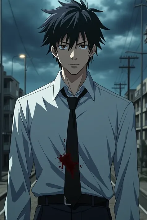 anime man. Wearing a white shirt and tie with black hair. There was a sword piercing his chest.