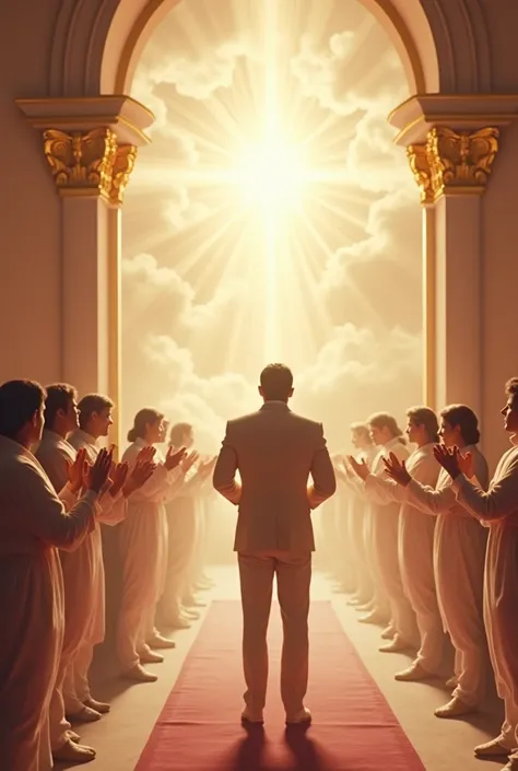 image of presenter Silvio Santos with his back to the camera arriving in heaven, being applauded by angels. A stage with TV cameras awaits you ahead.