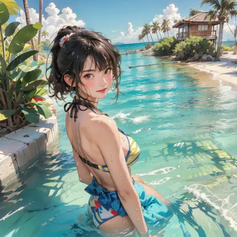 ((highest quality, masterpiece, High resolution)), ((reality)),Photos of beautiful Japanese women,((anime art))、 (((1 girl))), normal size breasts, slim body shape, long ponytail,double eyelid, Wet see-through bikini, A pareo with bold ethnic patterns and ...