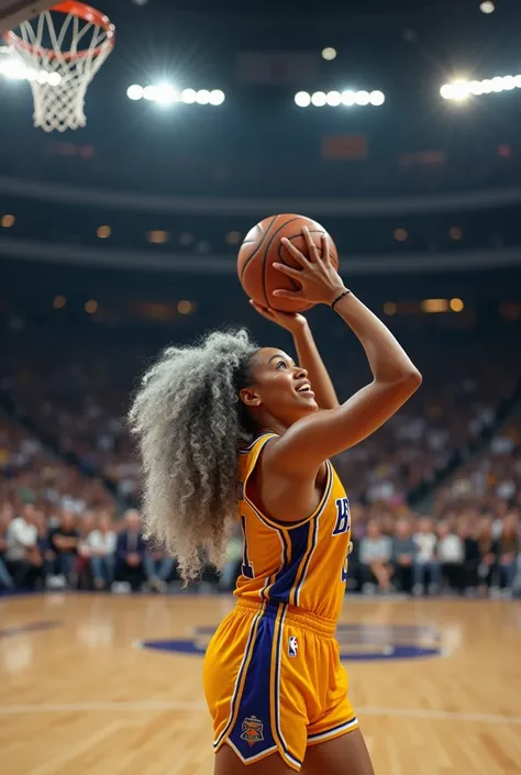 A beautiful youthful looking American version of Ariana Grande as a 50 years old woman with very long hair completely gray hair in a long big curls styles as a retired
NBA player wearing her old NBA jersey shooting the ball in the basket in a nba stadium s...