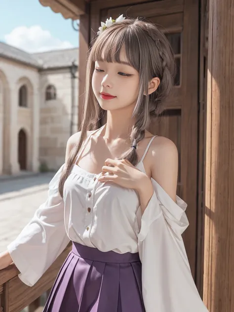 Highest quality、High resolution、Ultra-detailed、8k, Emilia、Emilia Masterpiece、Highest quality, In the castle courtyard, Bans, Clothes are white, 長いsleevemouth, just_shoulder, dull_前hair, Blurred, Blurred_background, Blurred_prospect, blush, Braid, chestout,...