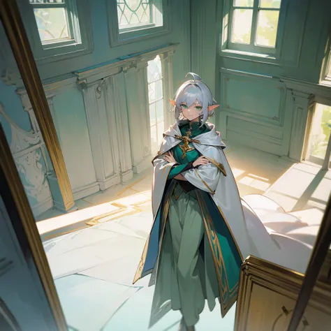 Elf, silver hair,short hair, medium cut, ahoge, curly hair,green eyes,slender, fair skin, robe,  cloak,White gloves, sitting, arms crossed, cross-legged, fantasy, inside, in the room, with a window, with a desk, with a table, with a bookshelf, slender, coo...